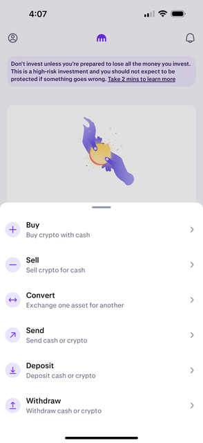 Kraken app action menu with buy, sell, convert, send, deposit, and withdraw