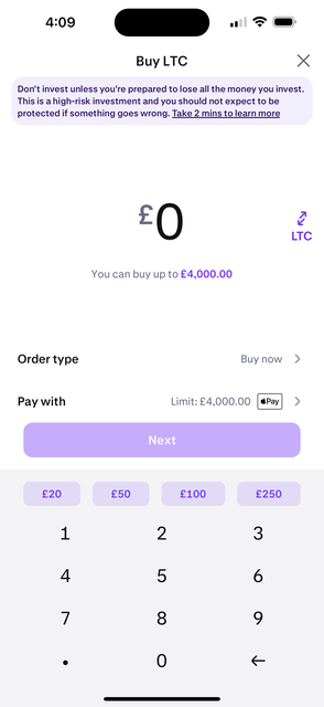 Kraken buy amount screen for Litecoin