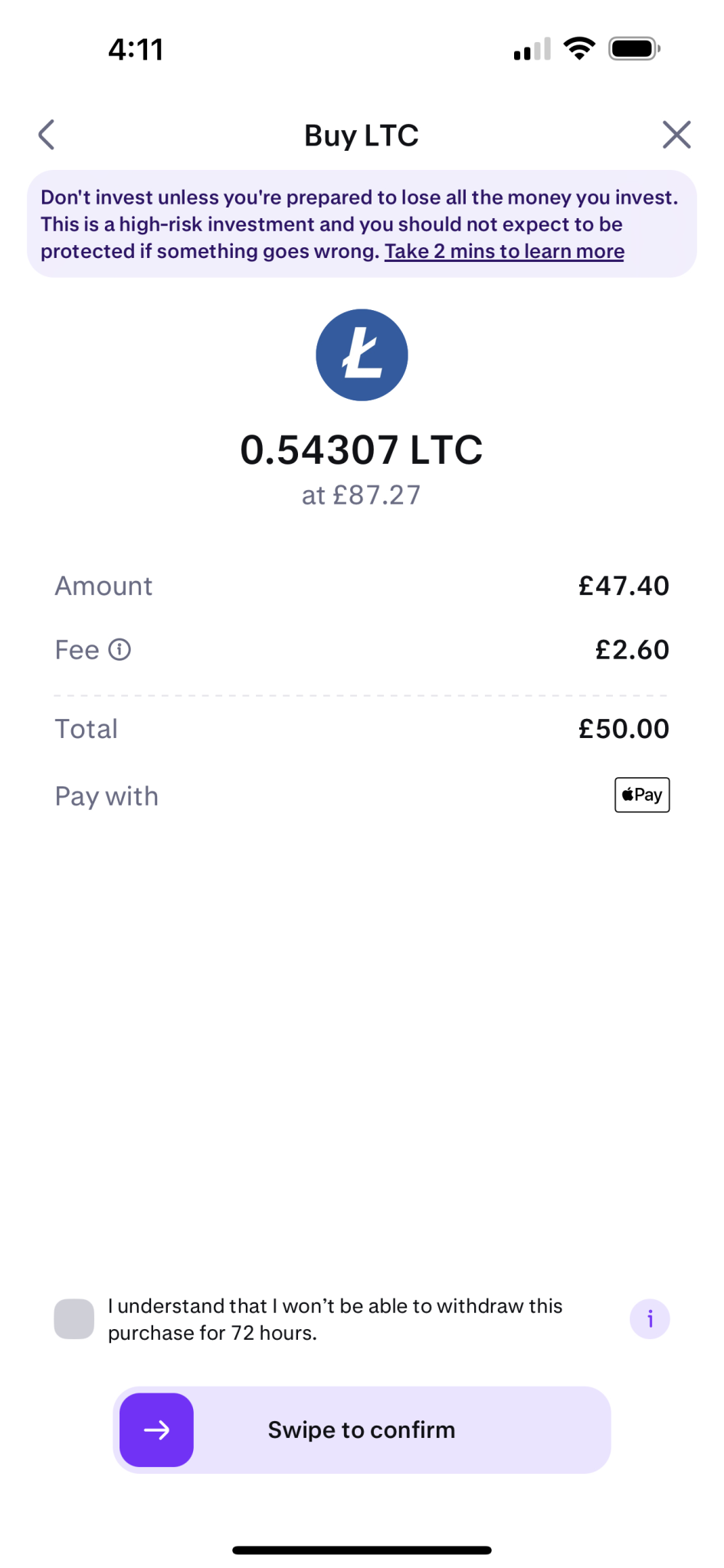 Kraken purchase confirmation screen
