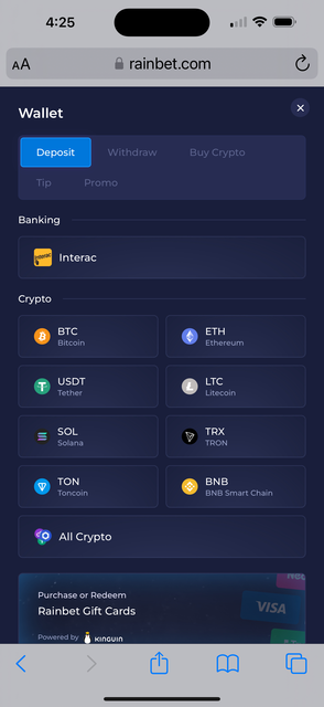 Rainbet wallet deposit screen with crypto options